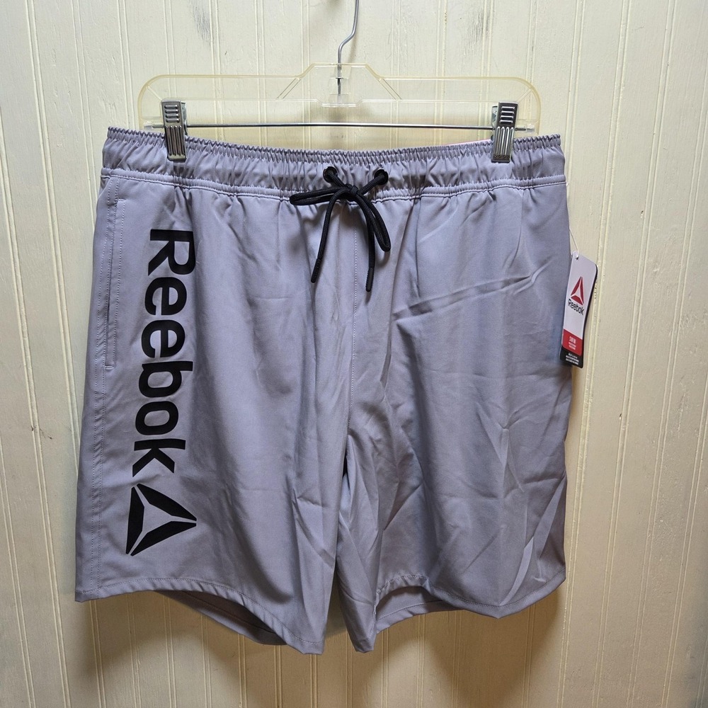 Reebok Swim Trunks Mens Medium Gray 7 Inseam Lined‎ Elastic Waist Logo Shorts